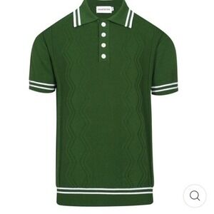 Oxknit Mens Classic Green Cable Knit Polo 2XL Short Sleeve 60s Mod Tennis Preppy